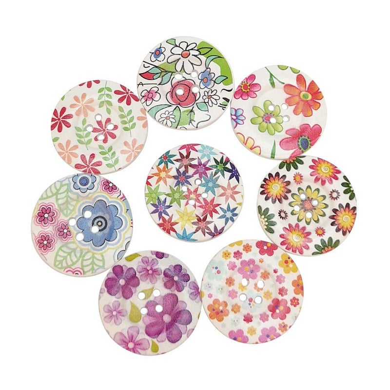 Chenkou Craft 40pcs 1" (25mm) Round Flower Wood Buttons 4 Holes Craft Sewing Button (25mm) - Image 2